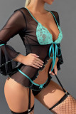 Women Color Block Long-Sleeved Sexy Lingerie with Panties and Garterbelt