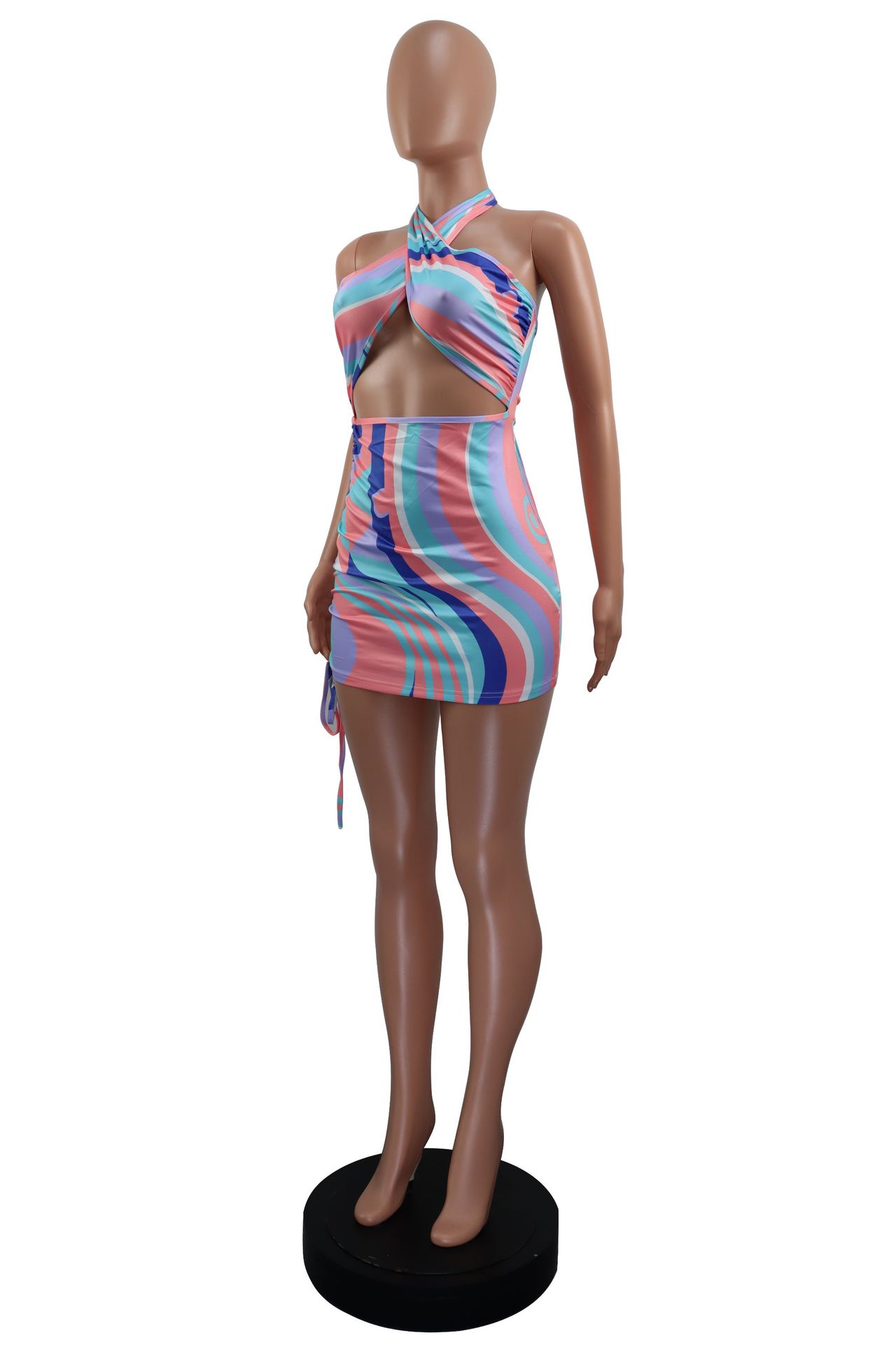 Women Summer Sexy Crossover Halter Neck Drawstring Dress