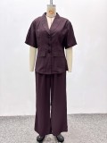 African Women Elegant Turndown Collar Casual Solid Shirt and Trousers Two-Piece Set