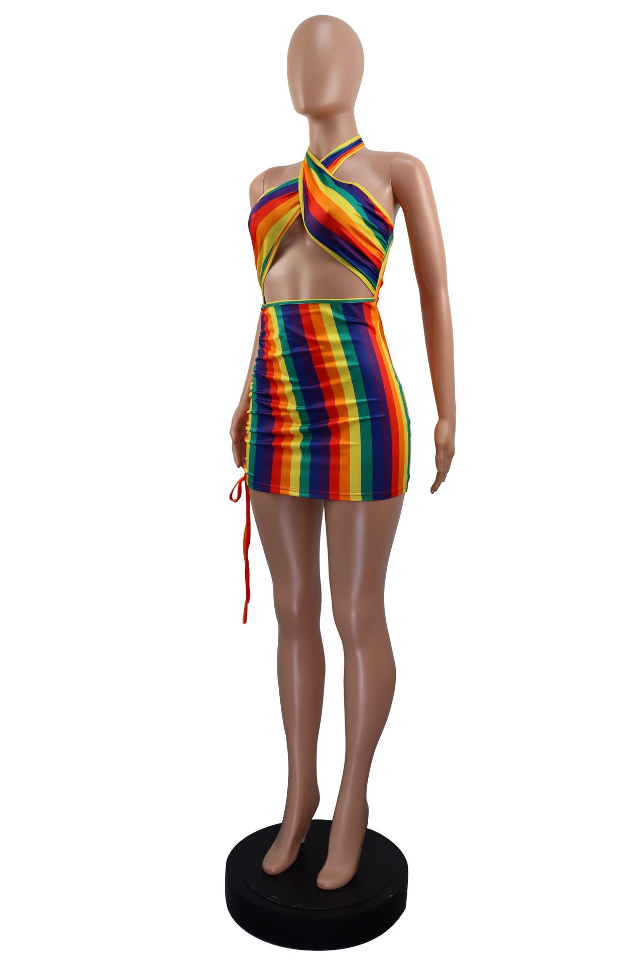 Women Summer Sexy Crossover Halter Neck Drawstring Dress