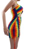 Women Summer Sexy Crossover Halter Neck Drawstring Dress