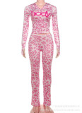 Women Leopard Print Letter Print Hooded Long-Sleeved Jacket Top + Printed Pants Two-Piece Set