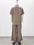 Women Lace-Up Patchwork Color-Blocked Short-Sleeve Shirt and Wide-Leg Trousers Two-Piece Set