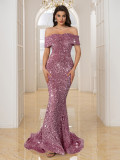 Women Sequin Off Shoulder Evening Dress