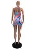Women Summer Sexy Crossover Halter Neck Drawstring Dress