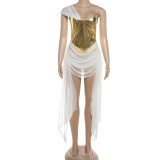 Women Spring Gold Shiny Mesh Patchwork Ribbon Sexy Dress