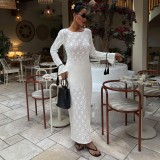 Women Beach Bikini Cover-Up Bell Bottom Long-Sleeved Knitting Backless Beach Maxi Dress