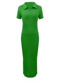 Women Summer Turndown Collar Sexy Short-Sleeved Knitting Bodycon Dress