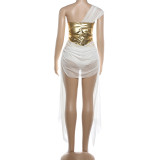 Women Spring Gold Shiny Mesh Patchwork Ribbon Sexy Dress