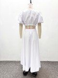 Women White Square Neck Puff Sleeve Crop Top and Skirt Two-Piece Set