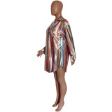 Women's Chic Pink Striped Mid-Waist Shirt Dress