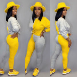 Fall/Winter Women's Patchwork Colorblock Slim Fit Casual Long-Sleeve Two-Piece Pants Set