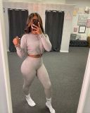 Fall/Winter Women's Tight-Fitting Solid Color Long-Sleeve Two-Piece Pants Set