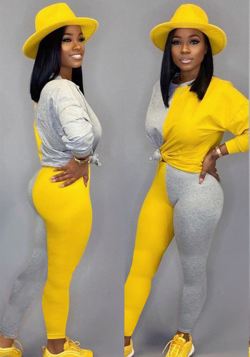 Fall/Winter Women's Patchwork Colorblock Slim Fit Casual Long-Sleeve Two-Piece Pants Set