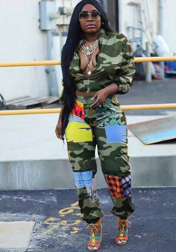 Women's Fashion Camouflage Print Zip-Up Cardigan & Cargo Pants Two-Piece Set