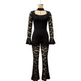 Fall Women's Fashion Sexy Cut-Out Lace Bell Sleeve Jumpsuit