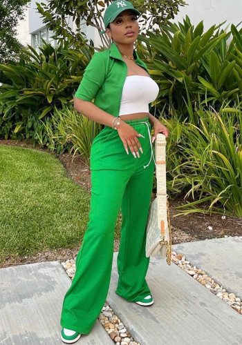 Fall Women's Solid Color Half-Sleeve Jacket & Wide-Leg Pants Two-Piece Set