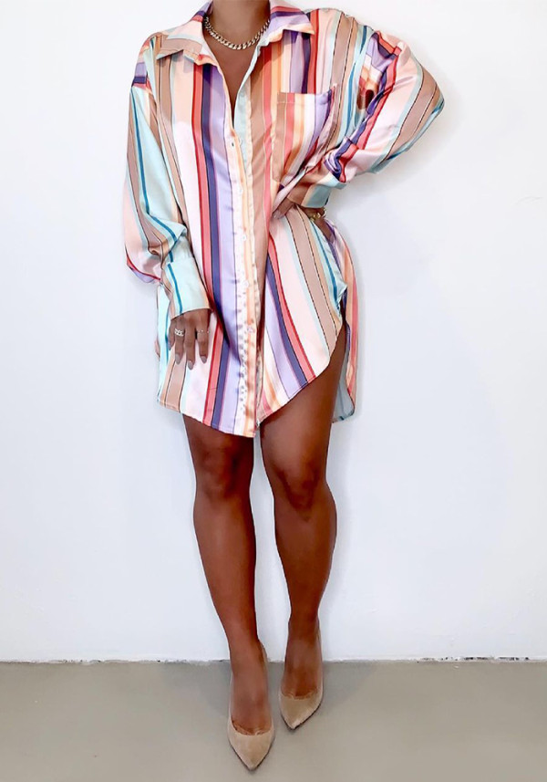 Women's Chic Pink Striped Mid-Waist Shirt Dress