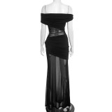 Winter Women's Solid Color Slim Sexy Off-Shoulder Patchwork Evening Dress