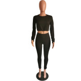 Fall/Winter Women's Tight-Fitting Solid Color Long-Sleeve Two-Piece Pants Set