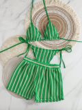 Women's Knitted Striped Square-Leg Shorts Bikini Three-Piece Swimsuit Set