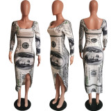 Women's Sexy Low Back U-Neck Dollar Print Asymmetrical Long-Sleeve Dress