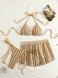 Women's Knitted Striped Square-Leg Shorts Bikini Three-Piece Swimsuit Set
