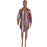 Women's Chic Pink Striped Mid-Waist Shirt Dress