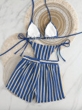 Women's Knitted Striped Square-Leg Shorts Bikini Three-Piece Swimsuit Set