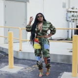 Women's Fashion Camouflage Print Zip-Up Cardigan & Cargo Pants Two-Piece Set