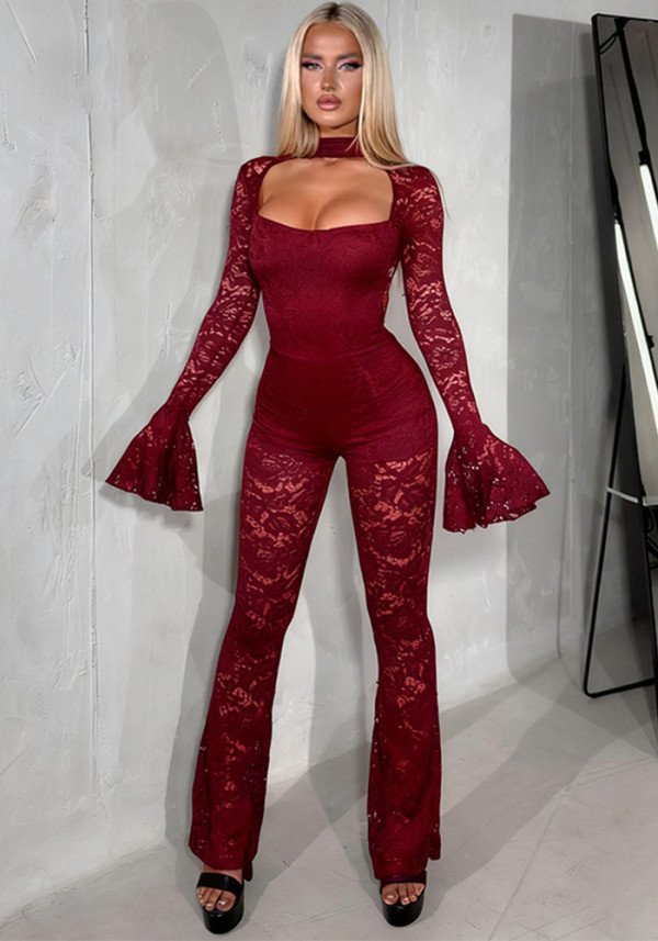 Fall Women's Fashion Sexy Cut-Out Lace Bell Sleeve Jumpsuit