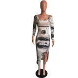 Women's Sexy Low Back U-Neck Dollar Print Asymmetrical Long-Sleeve Dress