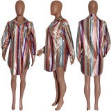 Women's Chic Pink Striped Mid-Waist Shirt Dress