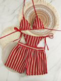 Women's Knitted Striped Square-Leg Shorts Bikini Three-Piece Swimsuit Set