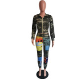 Women's Fashion Camouflage Print Zip-Up Cardigan & Cargo Pants Two-Piece Set