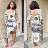 Women's Sexy Low Back U-Neck Dollar Print Asymmetrical Long-Sleeve Dress