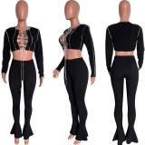 Fall/Winter Women's Sexy Cut-Out Lace-up Long-Sleeve Bell Bottom Two-Piece Pants Set