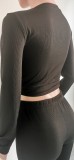 Fall/Winter Women's Tight-Fitting Solid Color Long-Sleeve Two-Piece Pants Set