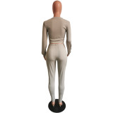 Fall/Winter Women's Tight-Fitting Solid Color Long-Sleeve Two-Piece Pants Set