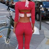 Women's Polka Dot Sexy Halter Neck Strapless Half-Sleeve Capri Three-Piece Set