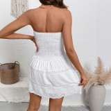 Women's Bow Strapless Off-Shoulder Ruched Slim Waist White Dress