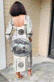 Women's Sexy Low Back U-Neck Dollar Print Asymmetrical Long-Sleeve Dress
