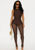 Spring Women's Solid Color Sexy Ruched Sleeveless Patchwork Mesh Slim Jumpsuit