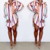 Women's Chic Pink Striped Mid-Waist Shirt Dress