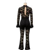 Fall Women's Fashion Sexy Cut-Out Lace Bell Sleeve Jumpsuit