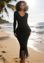 Women's Solid Color Sexy V-Neck Single-Breasted Fringe Hem Bodycon Knitted Long Dress Women's Solid Color Sexy V-Neck Single-Breasted Fringe Hem Bodycon Knitted Long Dress