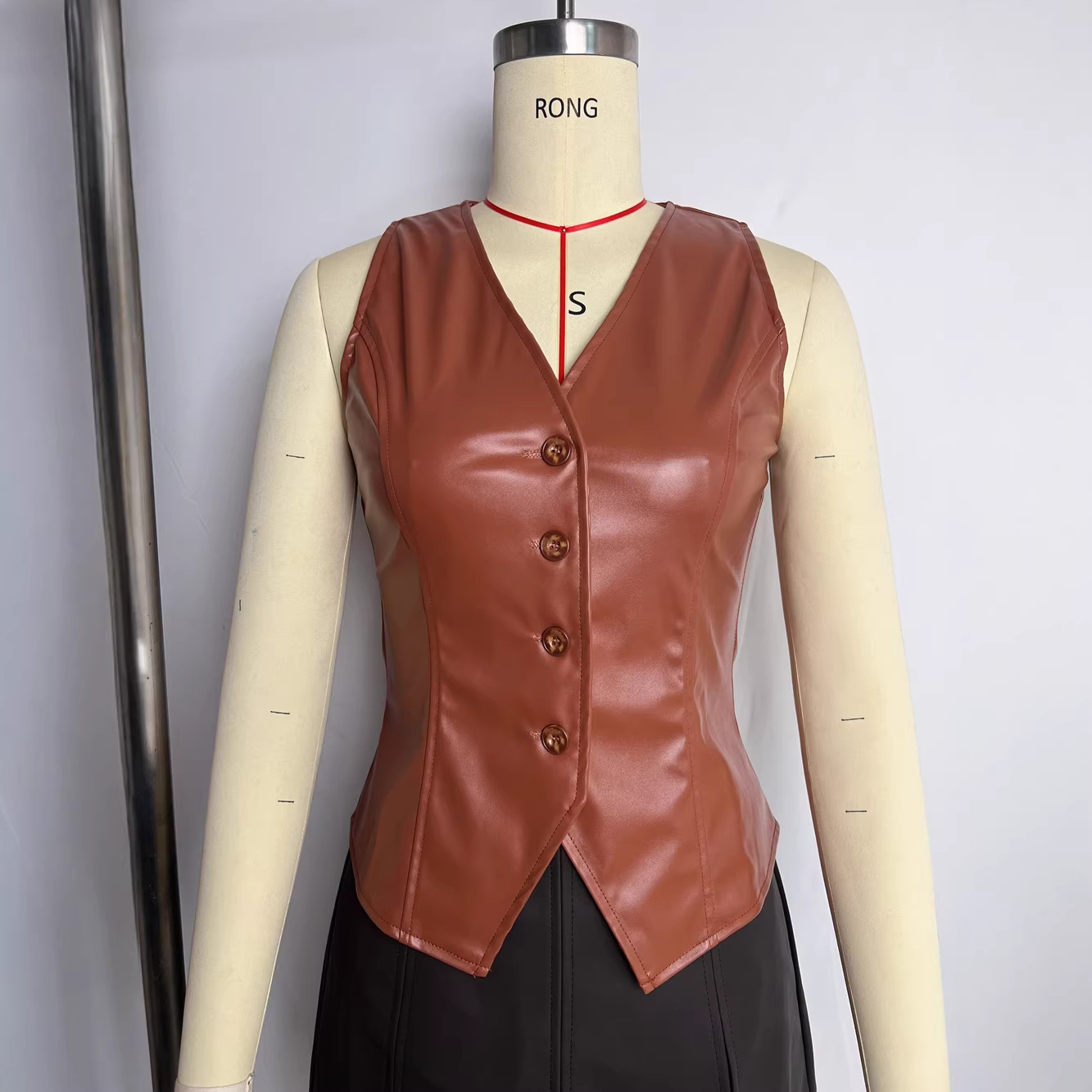 Women's Brown PU Leather Slim Button-Up Sleeveless Vest