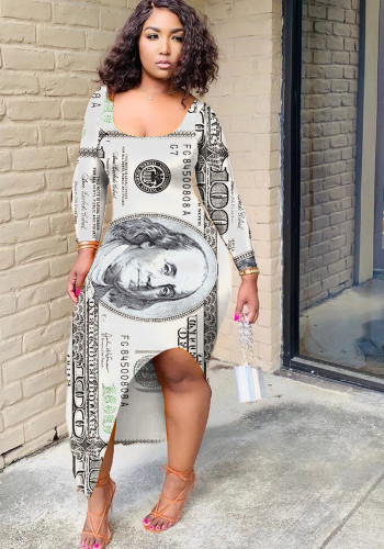 Women's Sexy Low Back U-Neck Dollar Print Asymmetrical Long-Sleeve Dress
