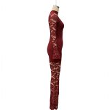 Fall Women's Fashion Sexy Cut-Out Lace Bell Sleeve Jumpsuit