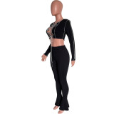 Fall/Winter Women's Sexy Cut-Out Lace-up Long-Sleeve Bell Bottom Two-Piece Pants Set